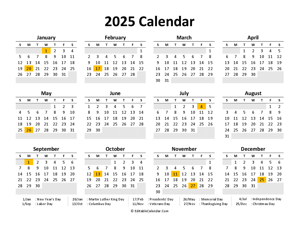 2025 Printable Calendar One Page Excel Spreadsheet John H Groves