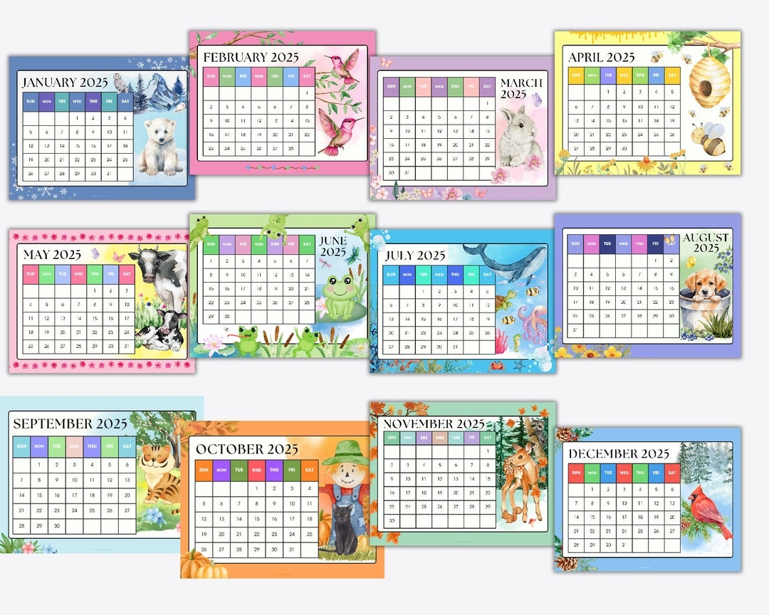 2025 Printable Calendar Pages Cute Kids Calendar Instant Download PDF 