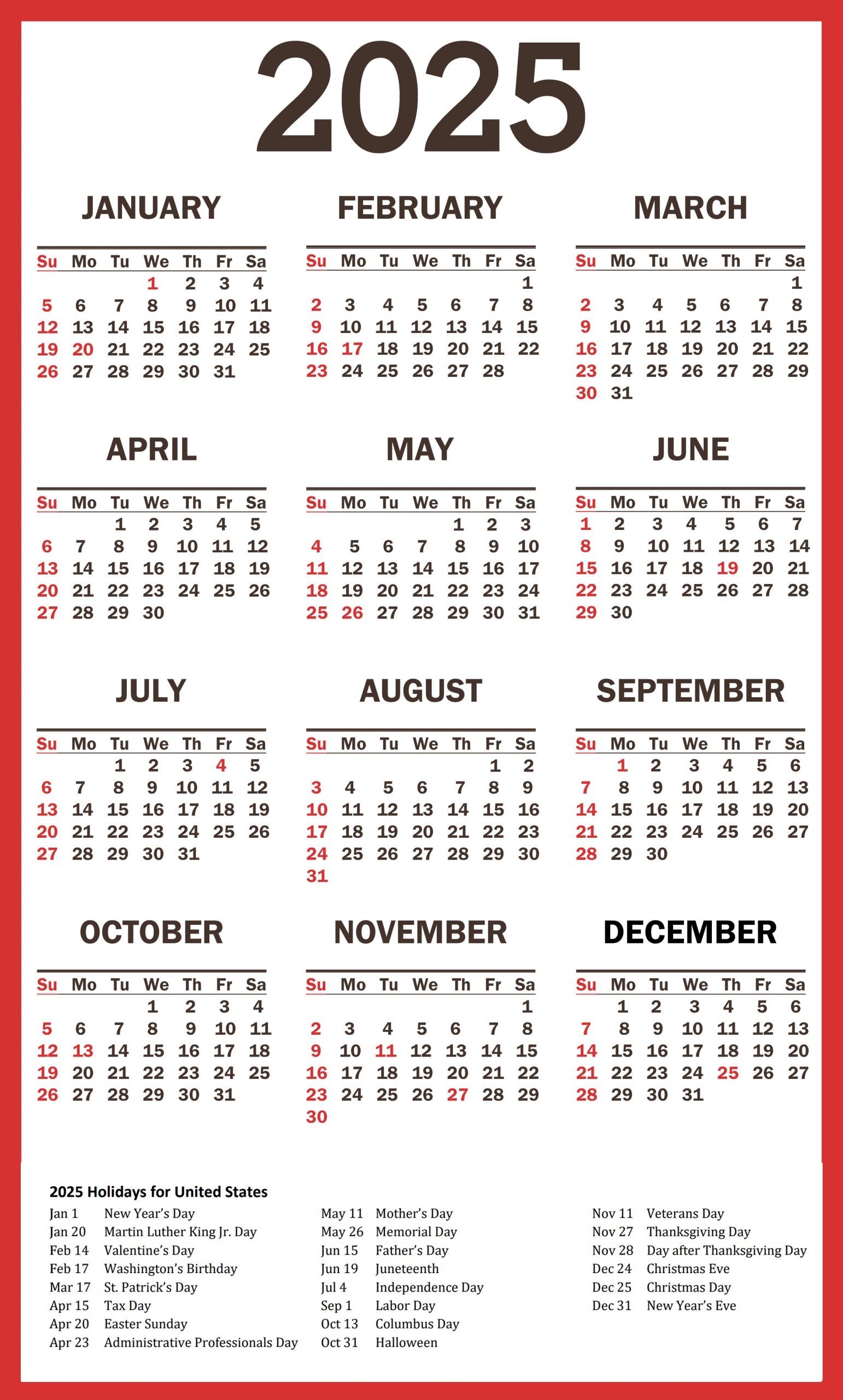 2025 Printable Calendar With Holidays Malene A Jeppesen