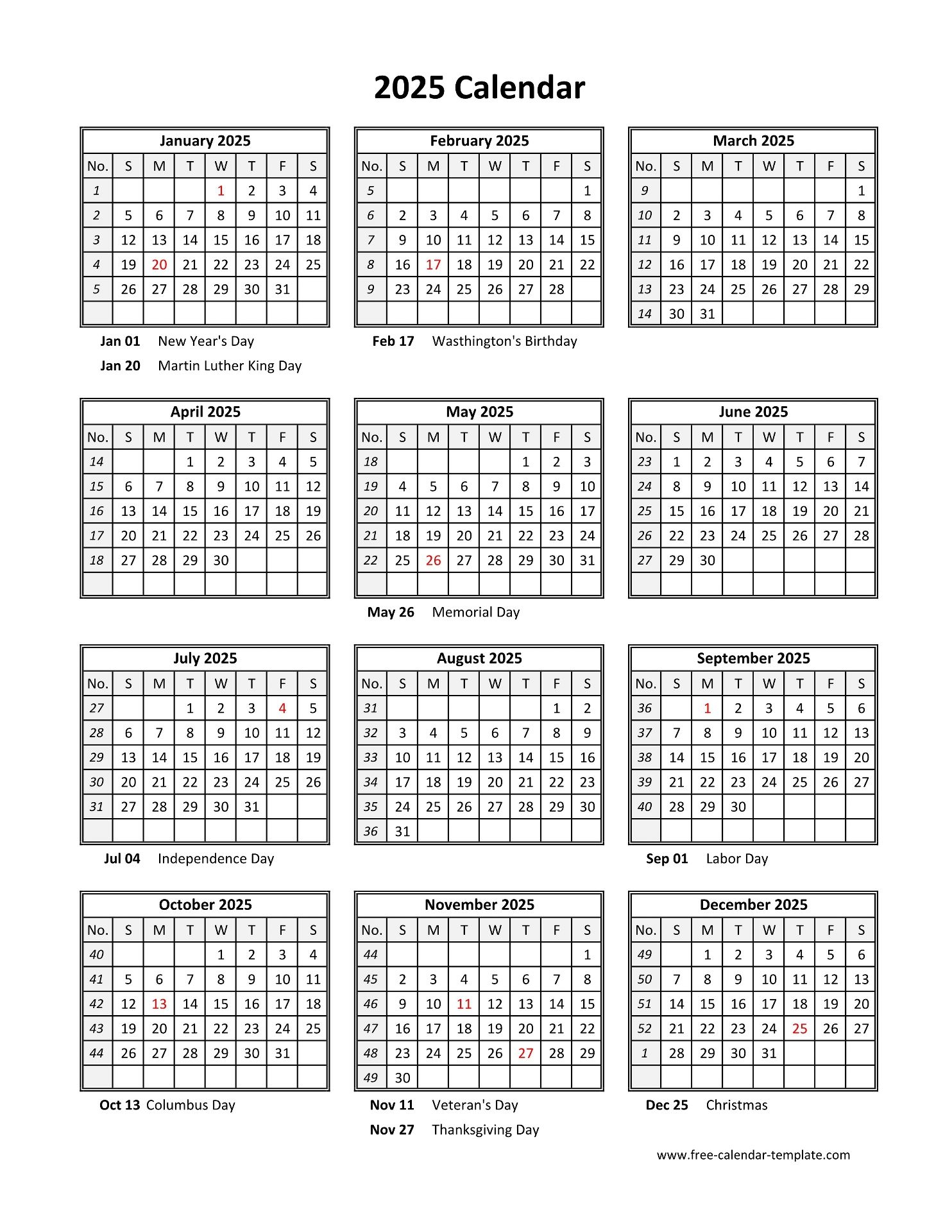 Printable 2025 Calendar With Holidays Download