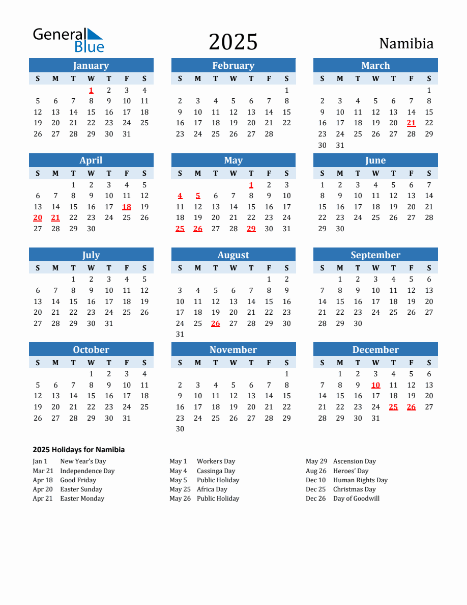 2025 Printable Calendar With Namibia Holidays