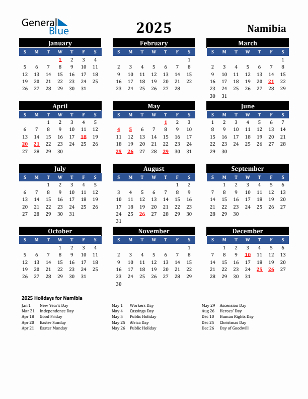 2025 Printable Calendar With Namibia Holidays