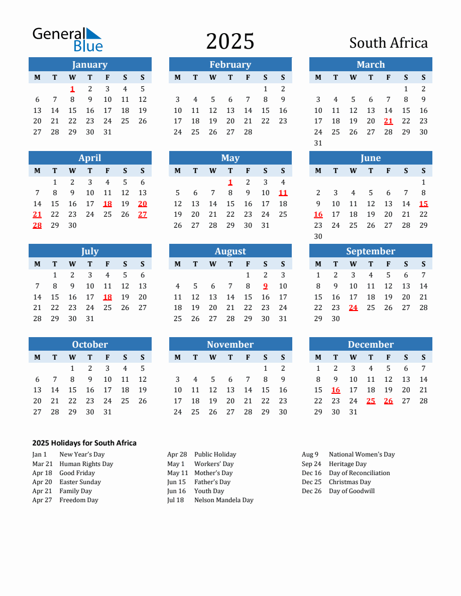 2025 Calendar Printable South Africa