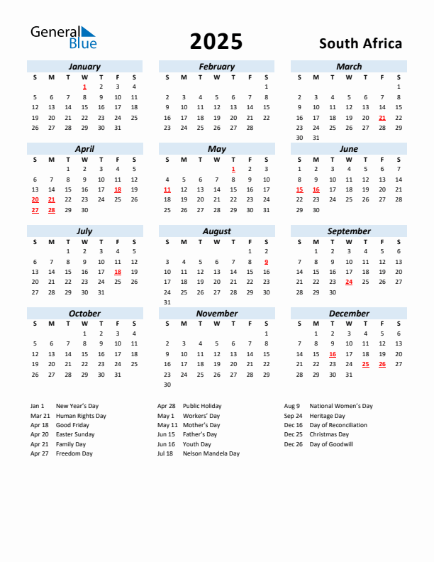 2025 Printable Calendar With South Africa Holidays