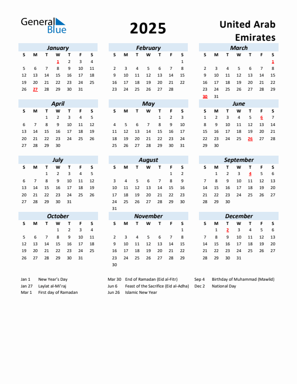 2025 Printable Calendar With United Arab Emirates Holidays