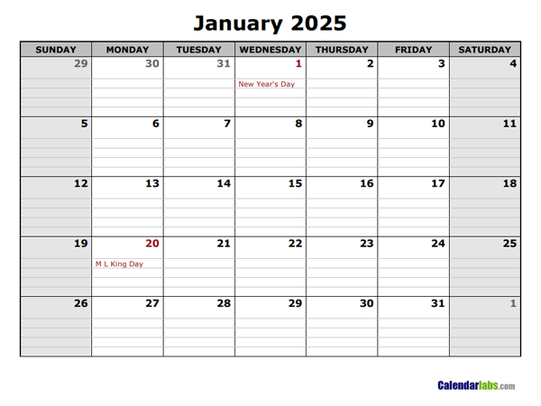 2025 Calendar With Holidays Landscape