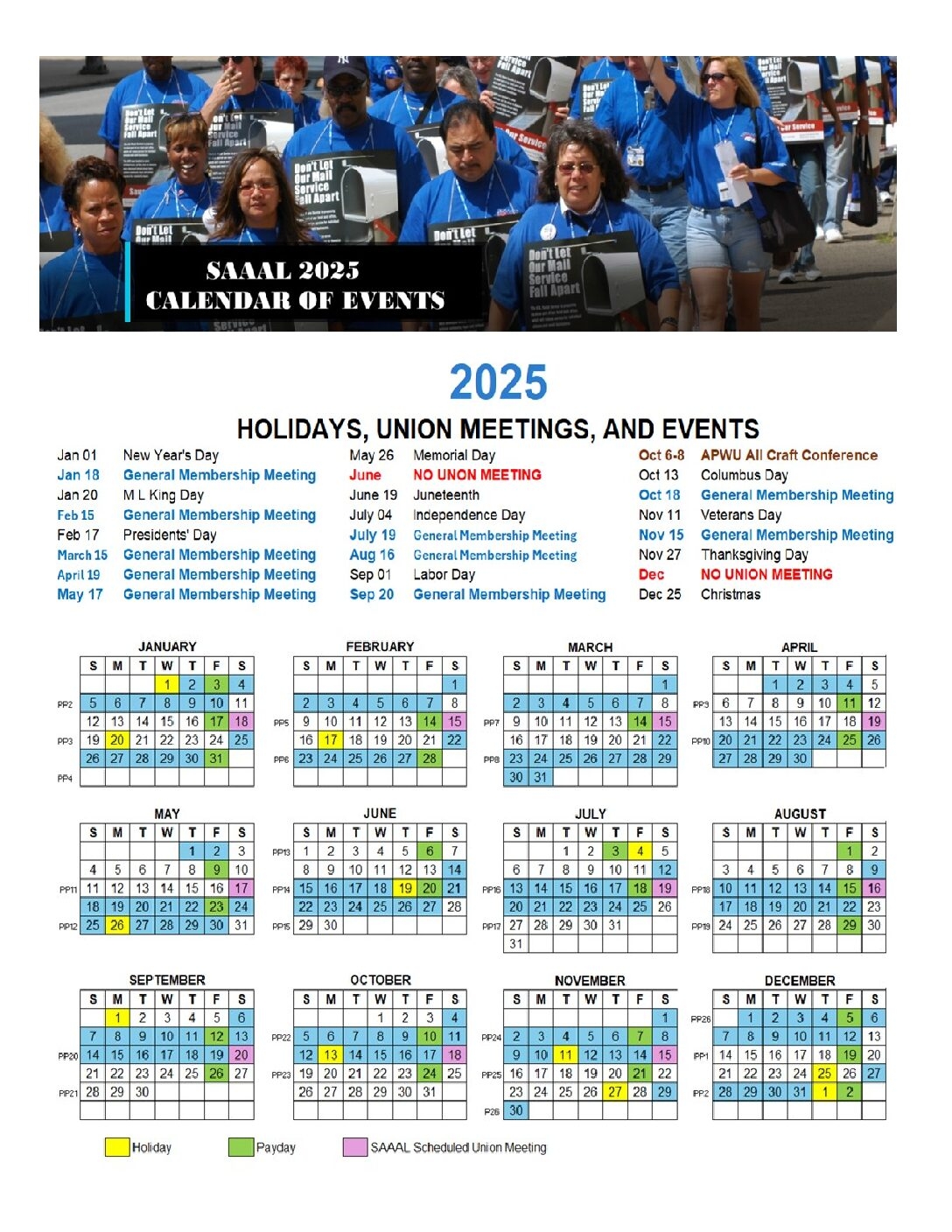 2025 SAAAL Calendar Of Events APWU