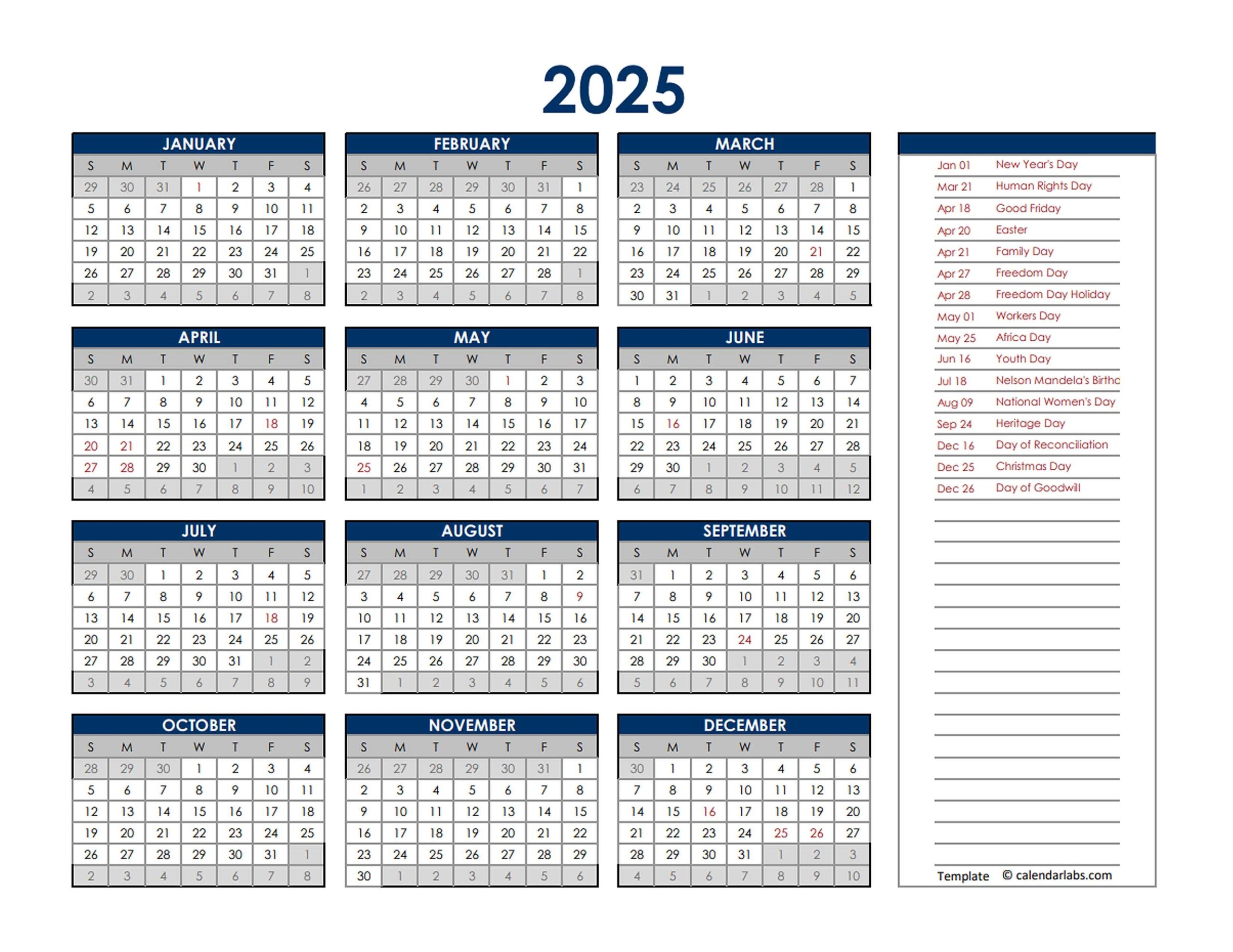 2025 South Africa Annual Calendar With Holidays Free Printable Templates