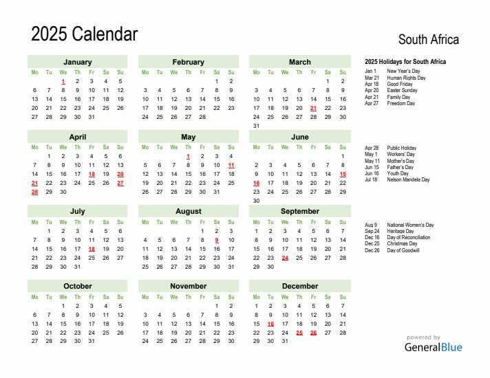 2025 South Africa Calendar With Holidays