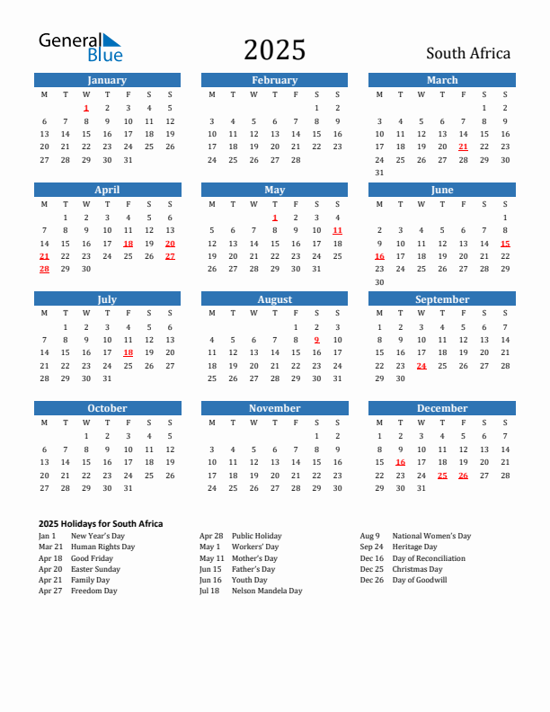2025 South Africa Calendar With Holidays