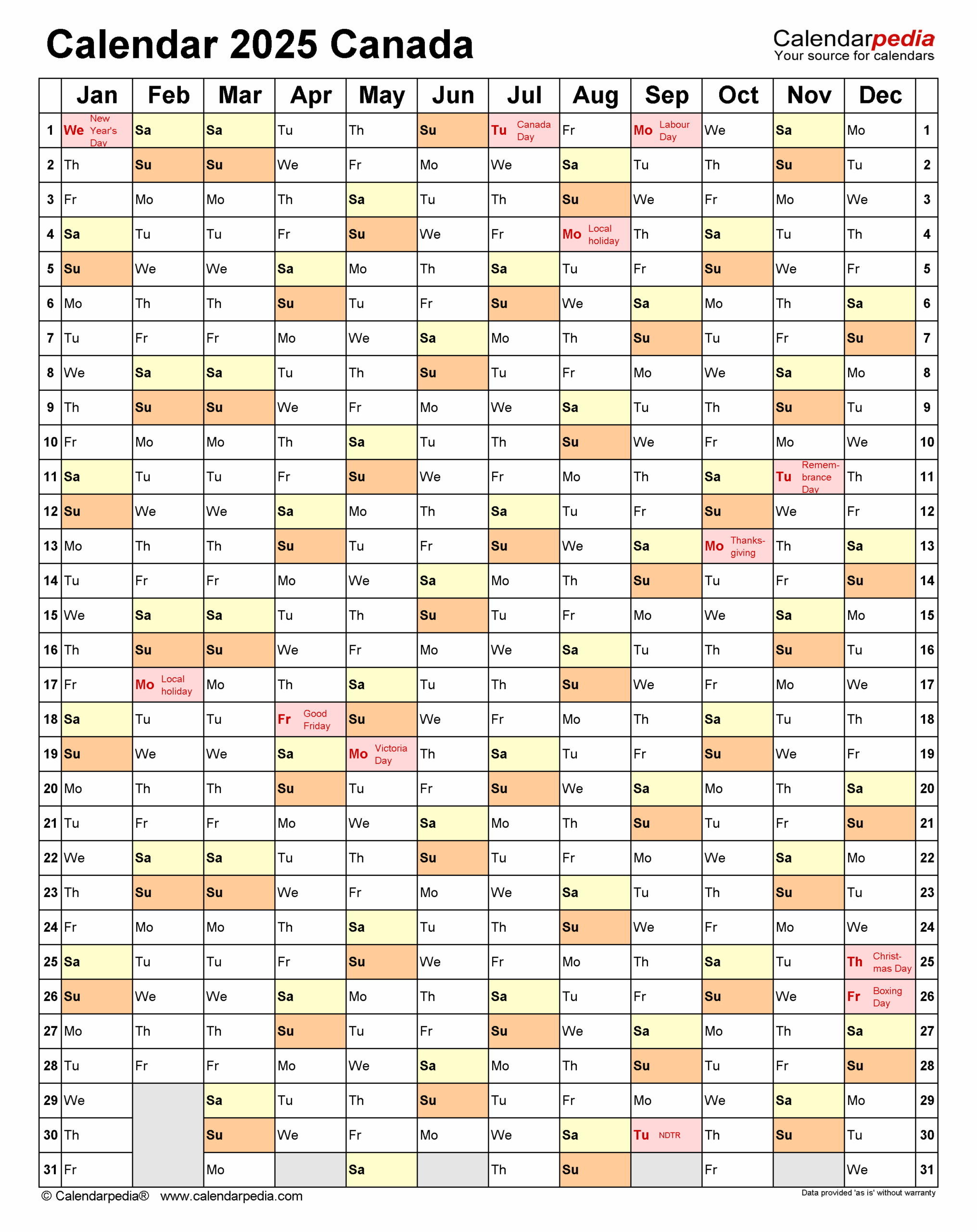 2025 Calendar Canada With Statutory Holidays