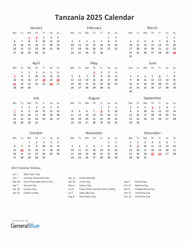 2025 Calendar With Holidays Tanzania