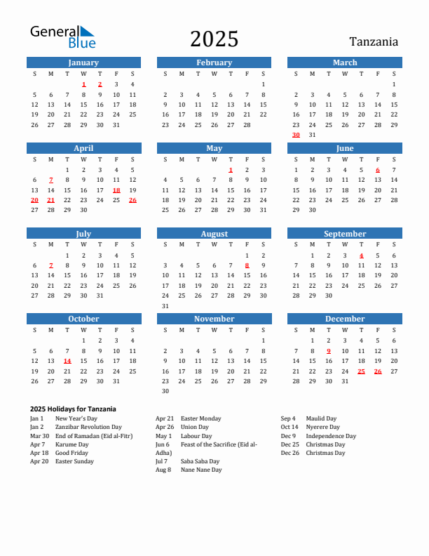 2025 Tanzania Calendar With Holidays