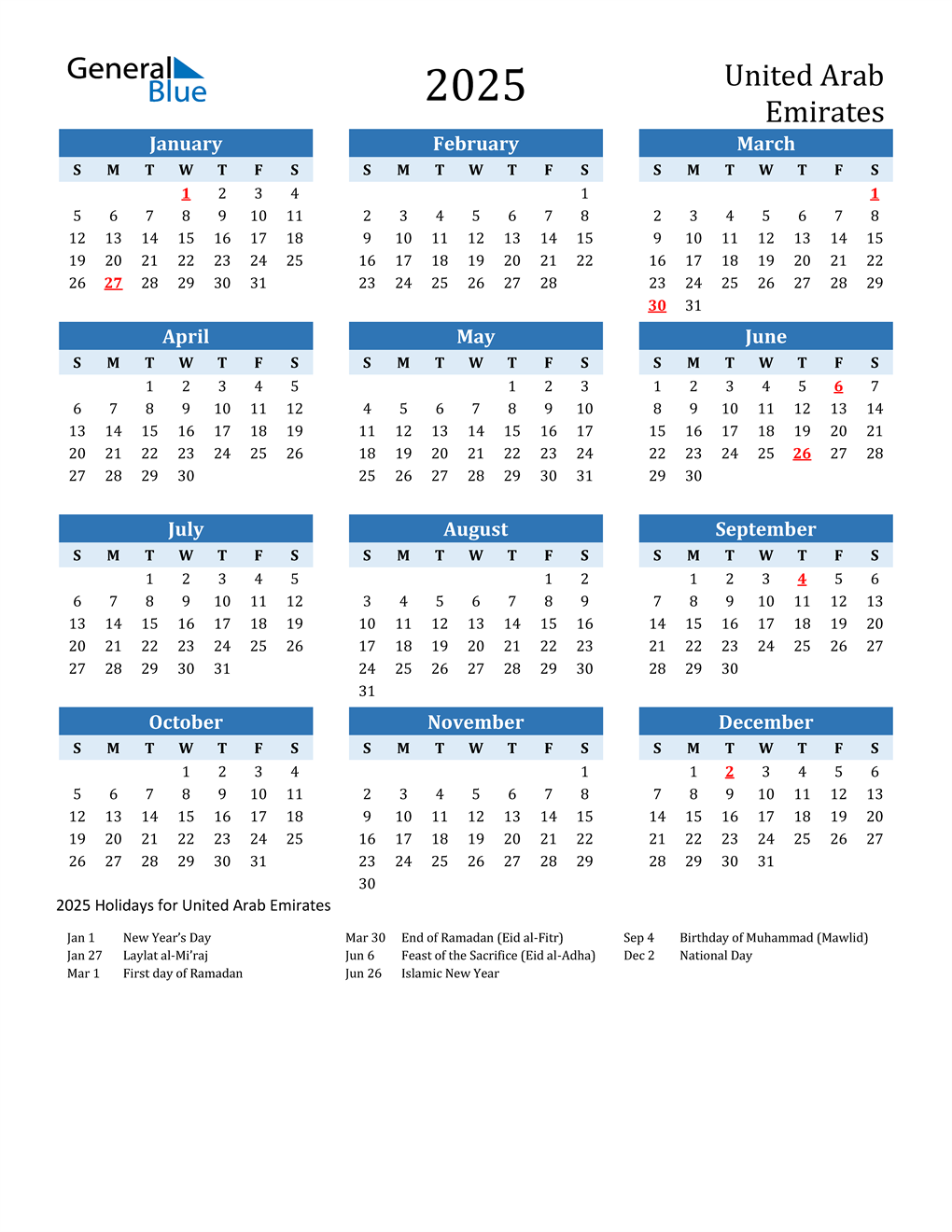 2025 United Arab Emirates Calendar With Holidays
