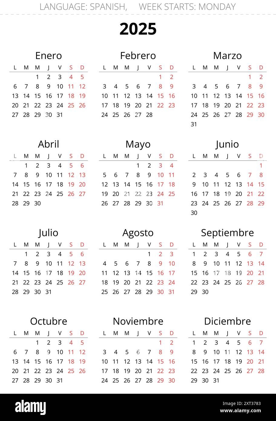 2025 Vertical Spanish Calendars Printable Vector Illustration For 