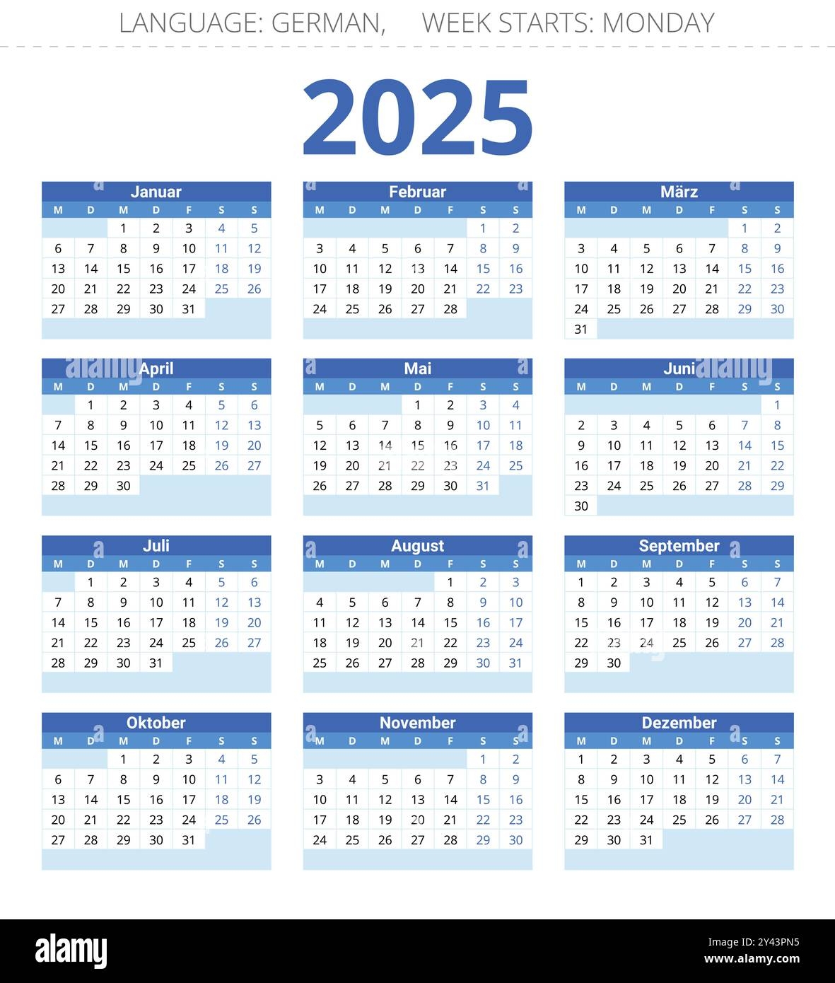 2025 Year German Calendar Printable Vector Illustration For Germany In 