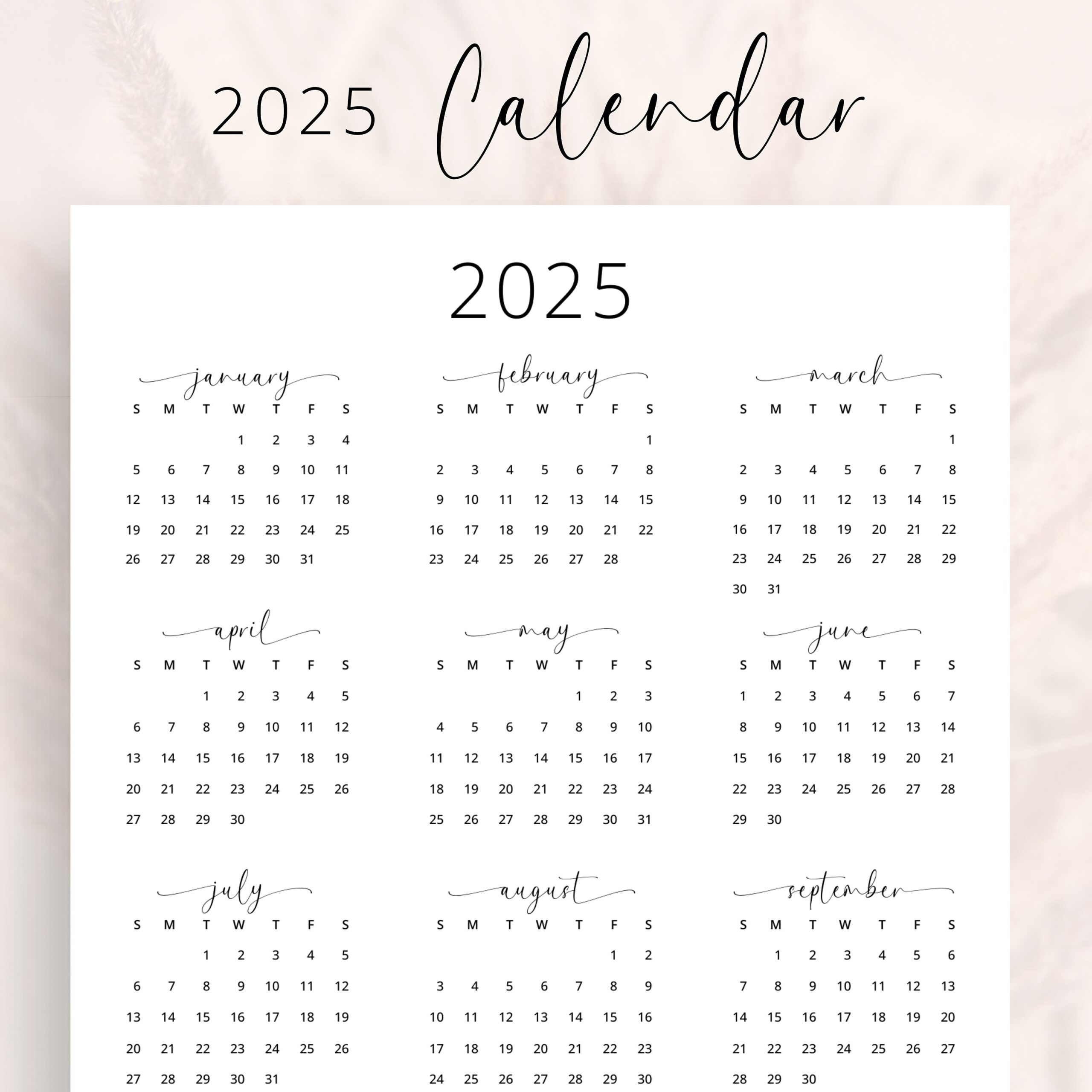 2025 Yearly Calendar 2025 Annual Calendar Printable 2025 Calendar 