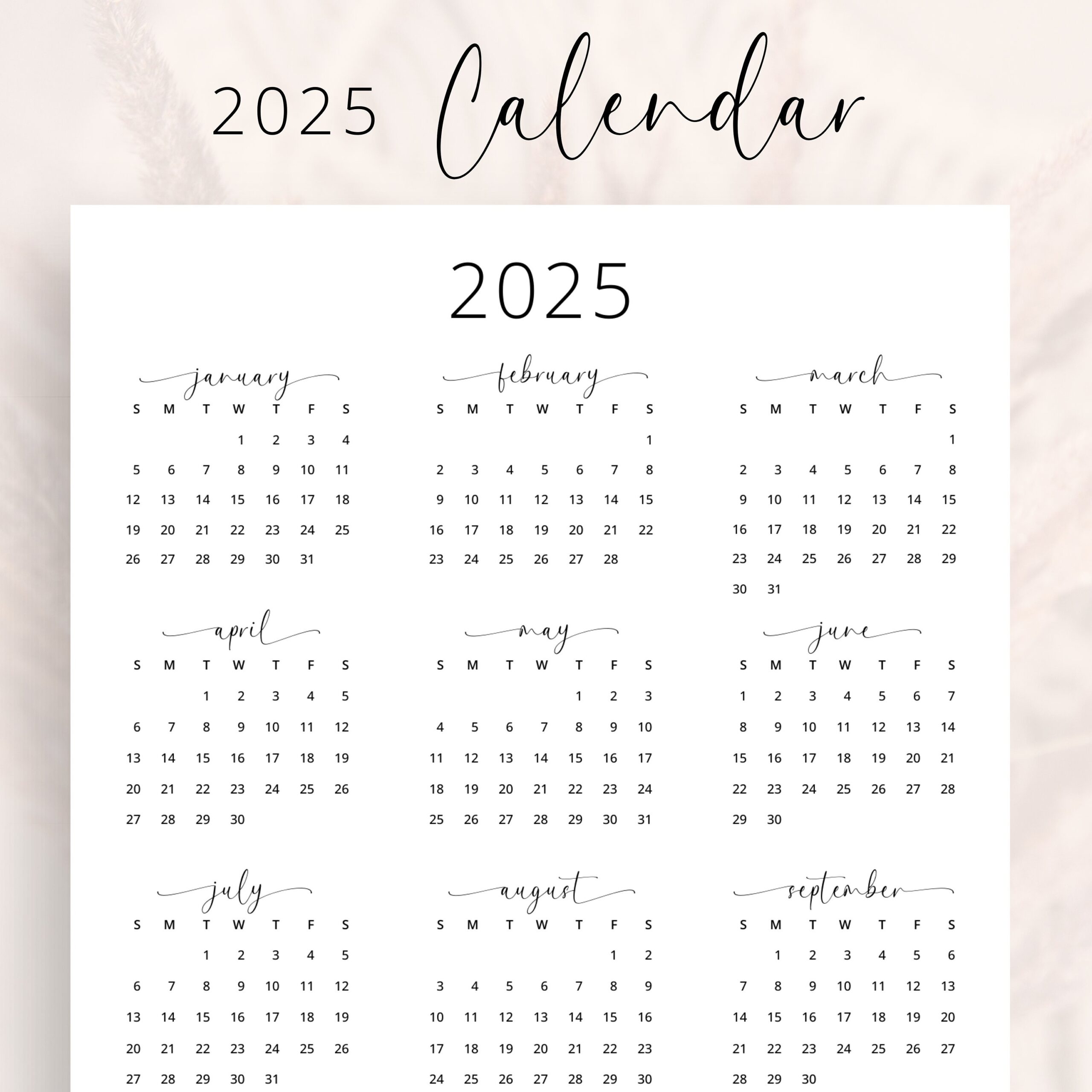 2025 Yearly Calendar 2025 Annual Calendar Printable 2025 Calendar 