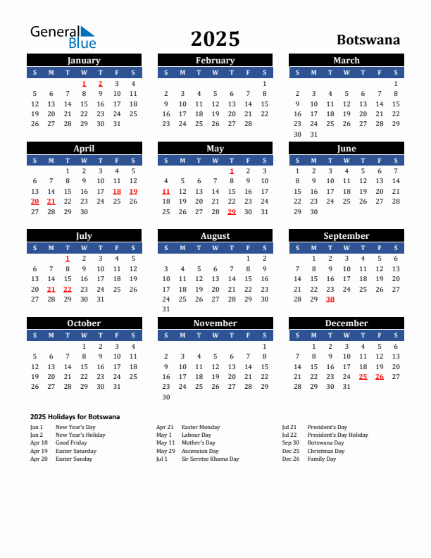2025 Yearly Calendar For Botswana With Holidays