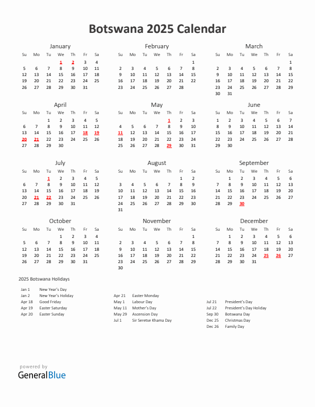 2025 Yearly Calendar For Botswana With Holidays