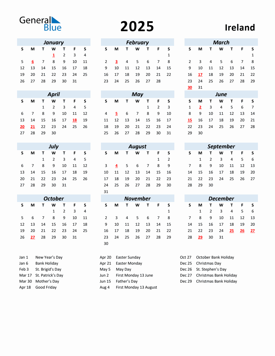 2025 Yearly Calendar For Ireland With Holidays