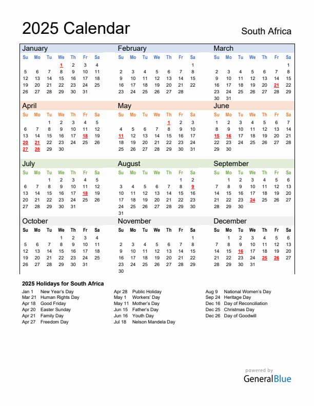 Yearly Calendar 2025 With Holidays South Africa