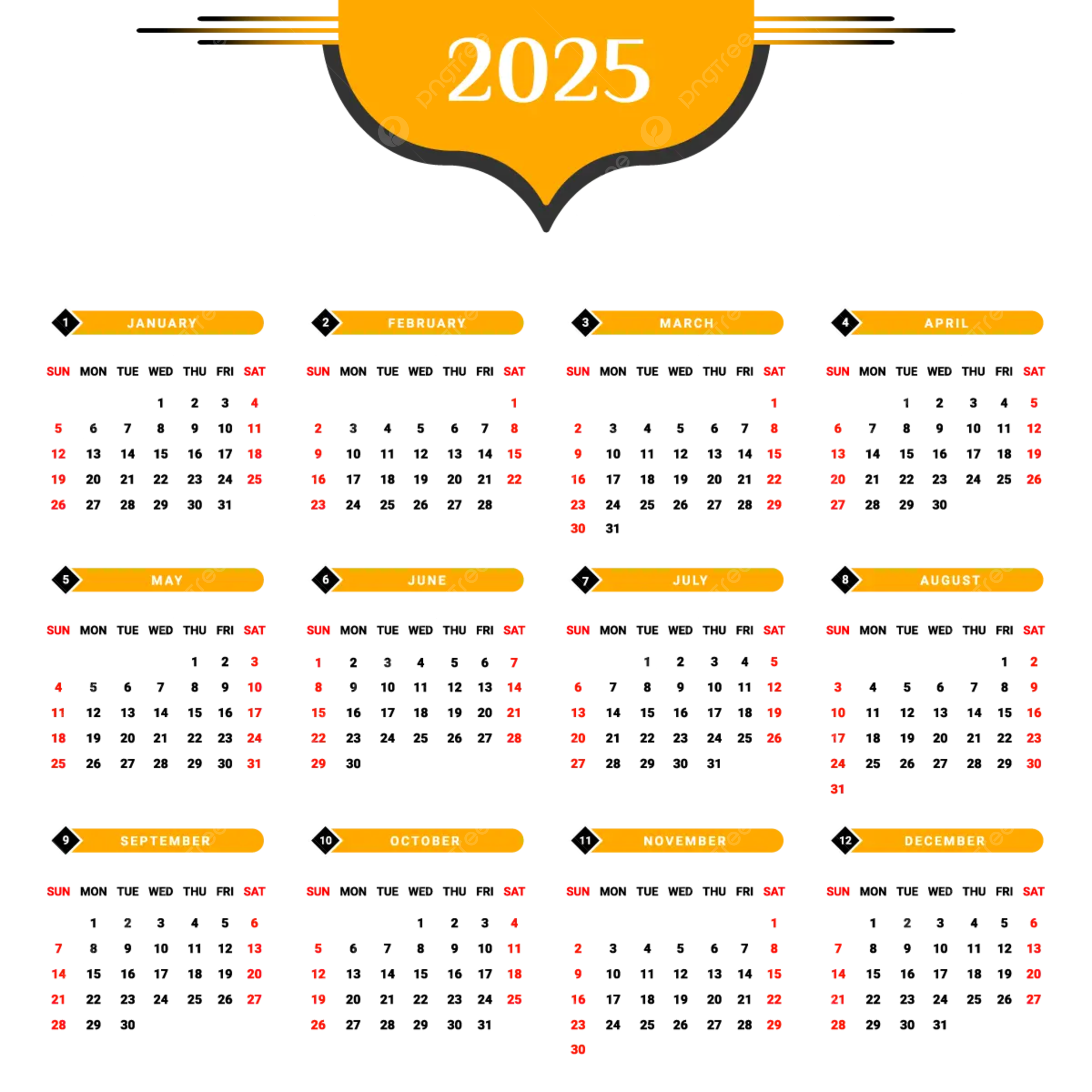 2025 Yearly Calendar With Black And Yellow Unique Design Vector 