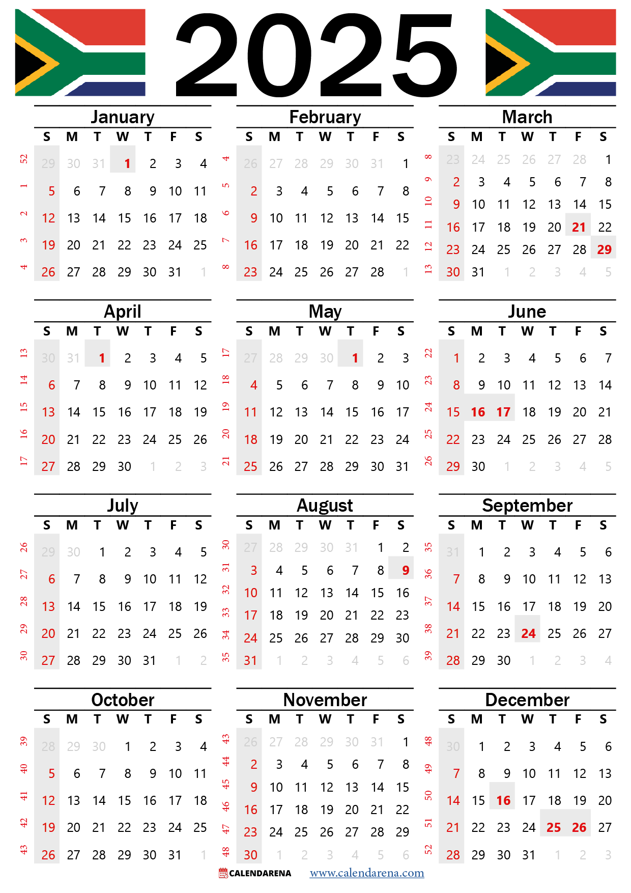 2025 Yearly Calendar With Holidays South Africa Mariano Devega
