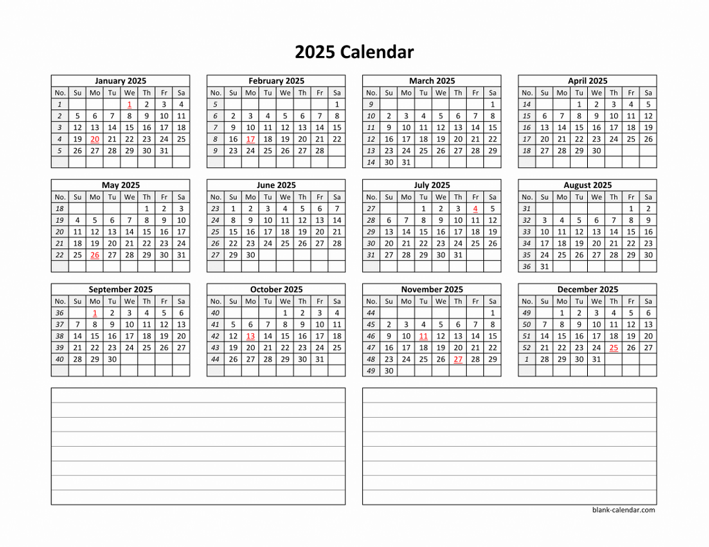 2025 Yearly Calendar With Notes Section 12 Jason B Little