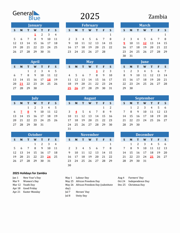 2025 Zambia Calendar With Holidays
