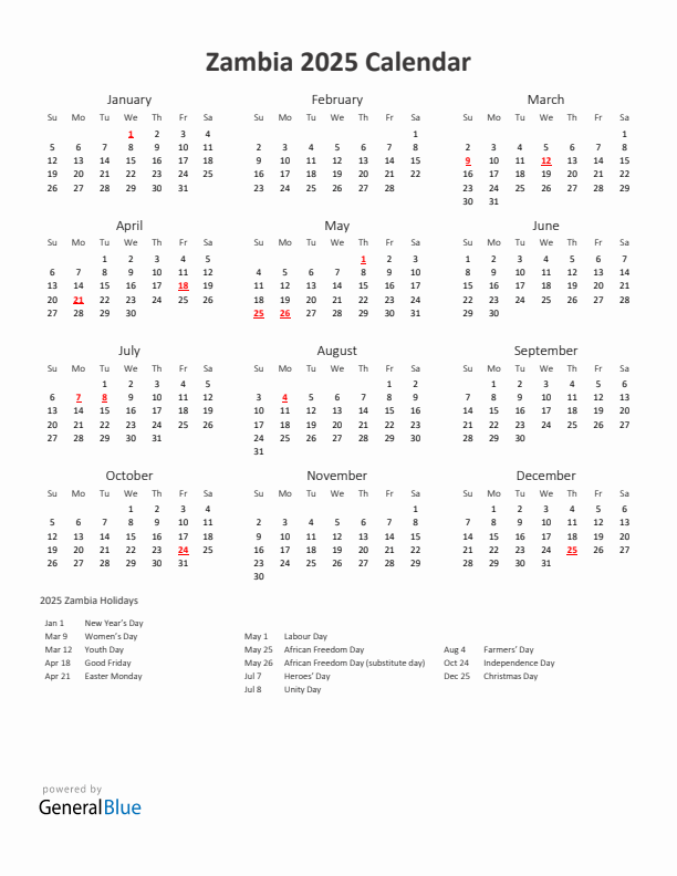 2025 Zambian Calendar With Holidays Printable