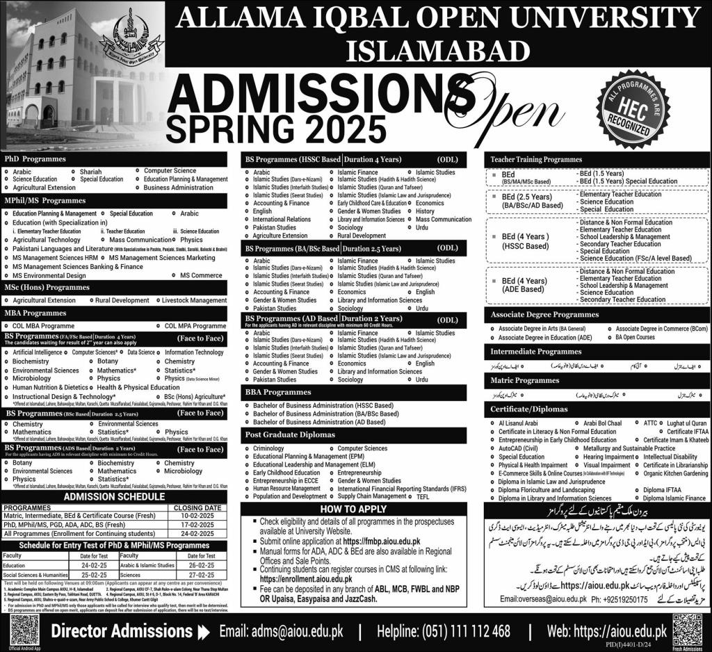 Aiou Academic Calendar 2025