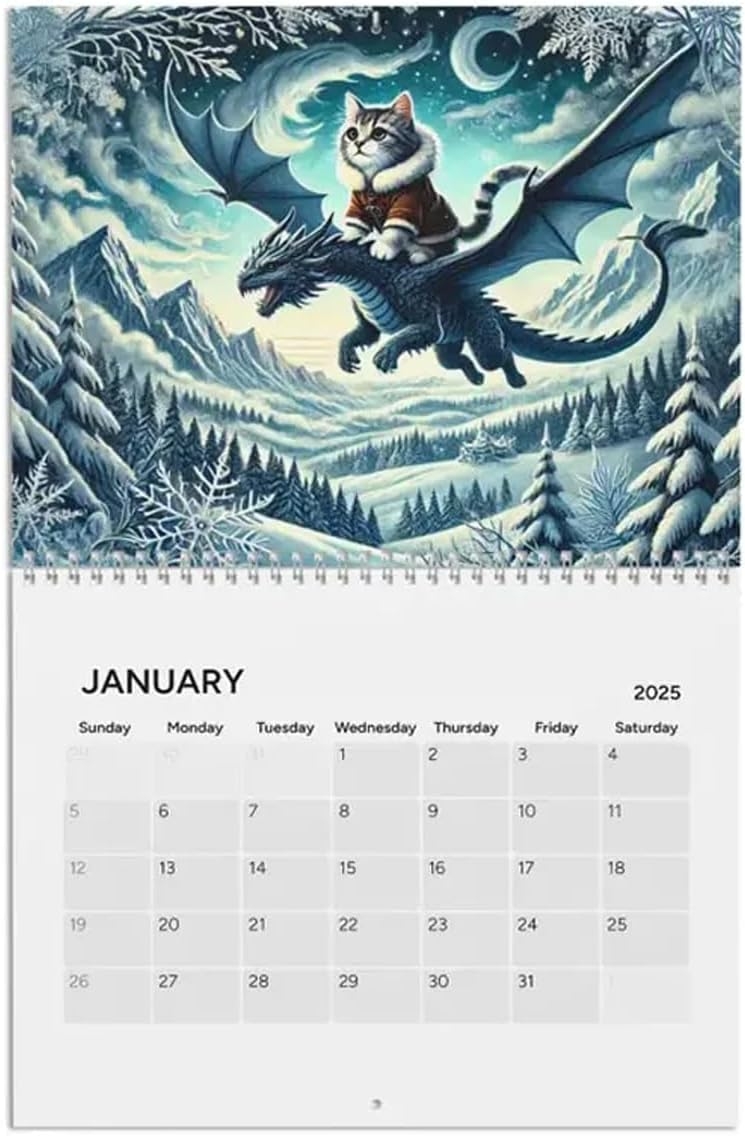 Amazon 10x16 2025 Cat Dragon Rider Calendar Vertical Wall Cat 