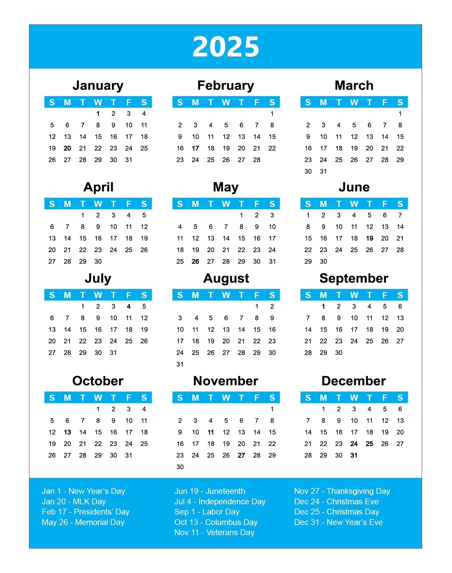 2025 Yearly Calendar With Federal Holidays