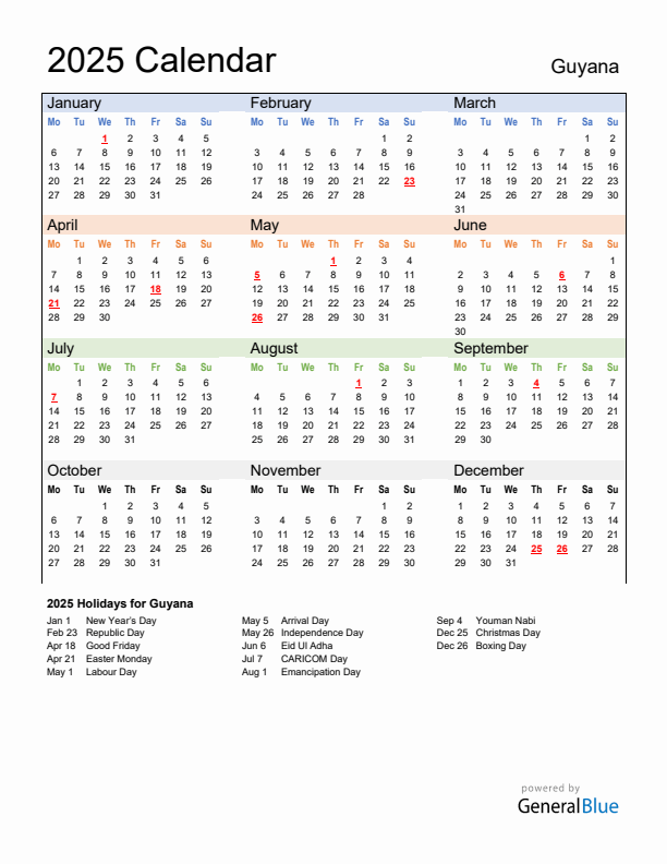 Annual Calendar 2025 With Guyana Holidays
