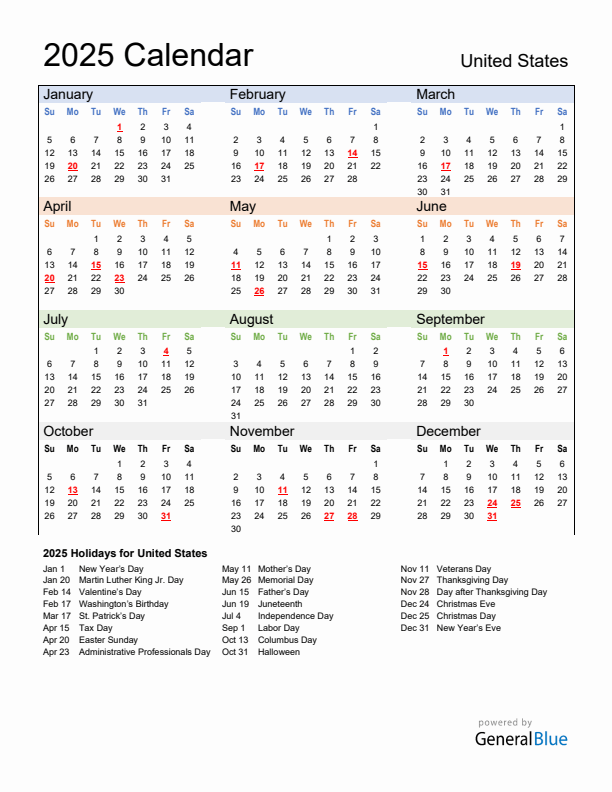 2025 American Calendar With Holidays