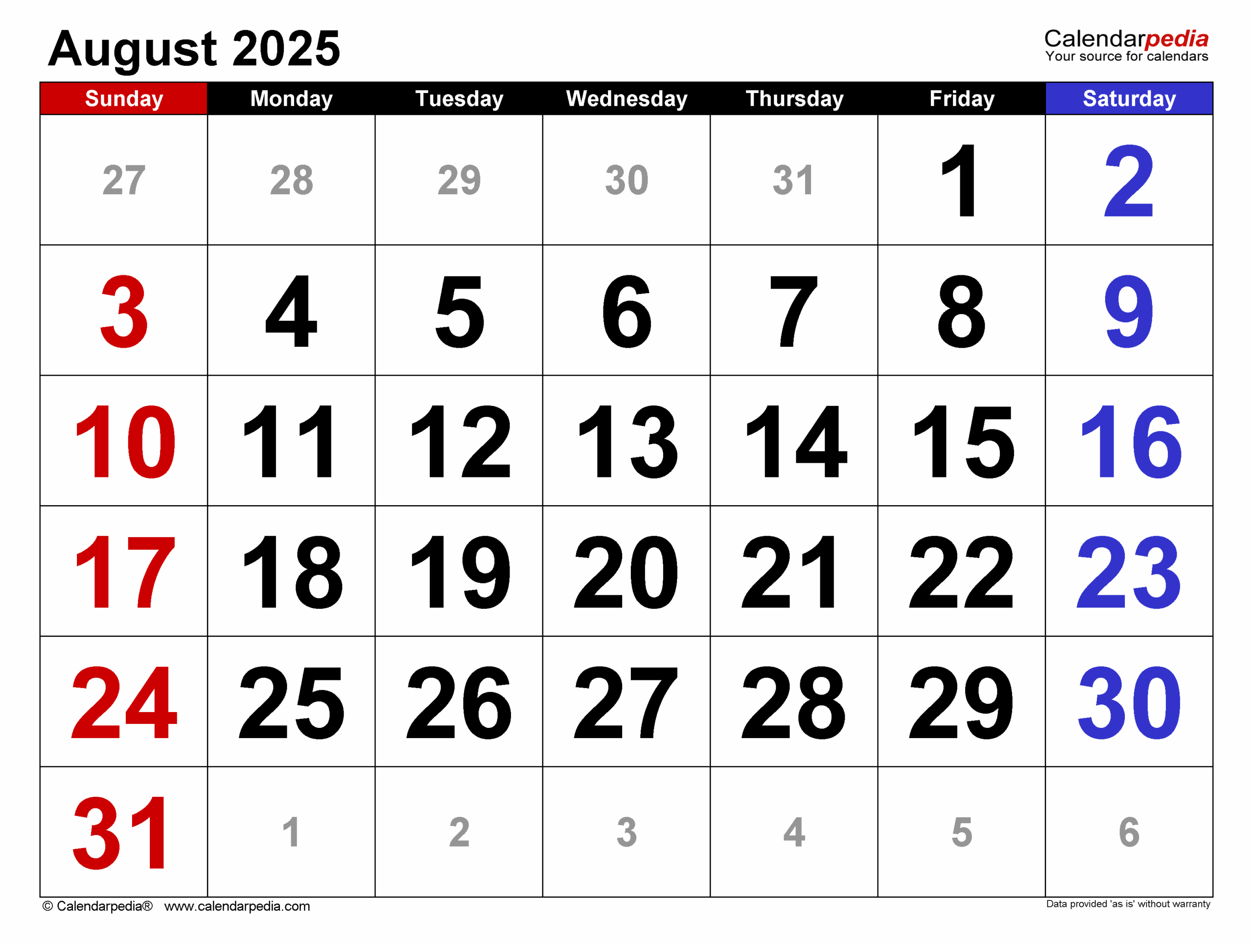 August 2025 Calendar Image