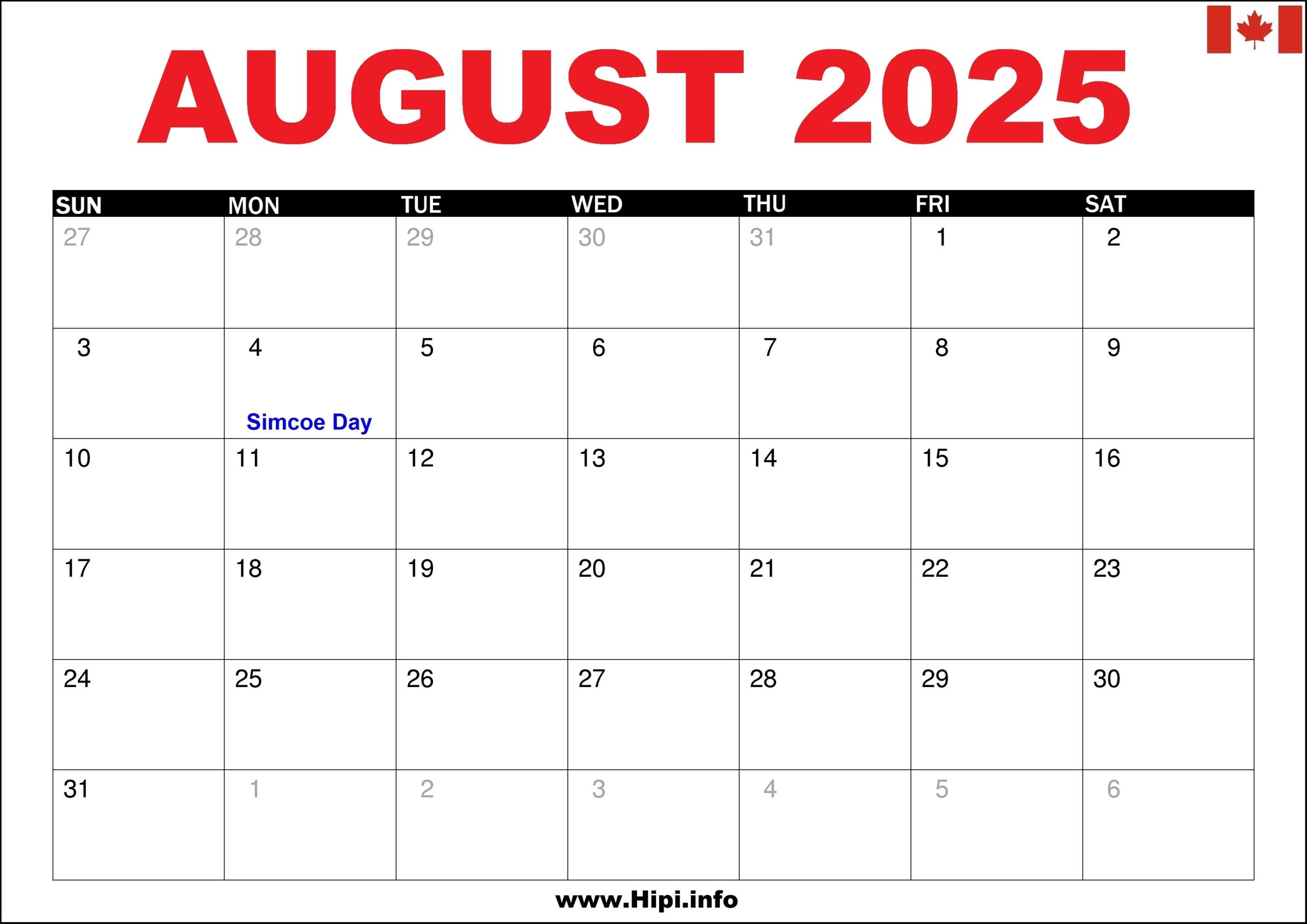 August 2025 Canada Calendar With Holidays Hipi info