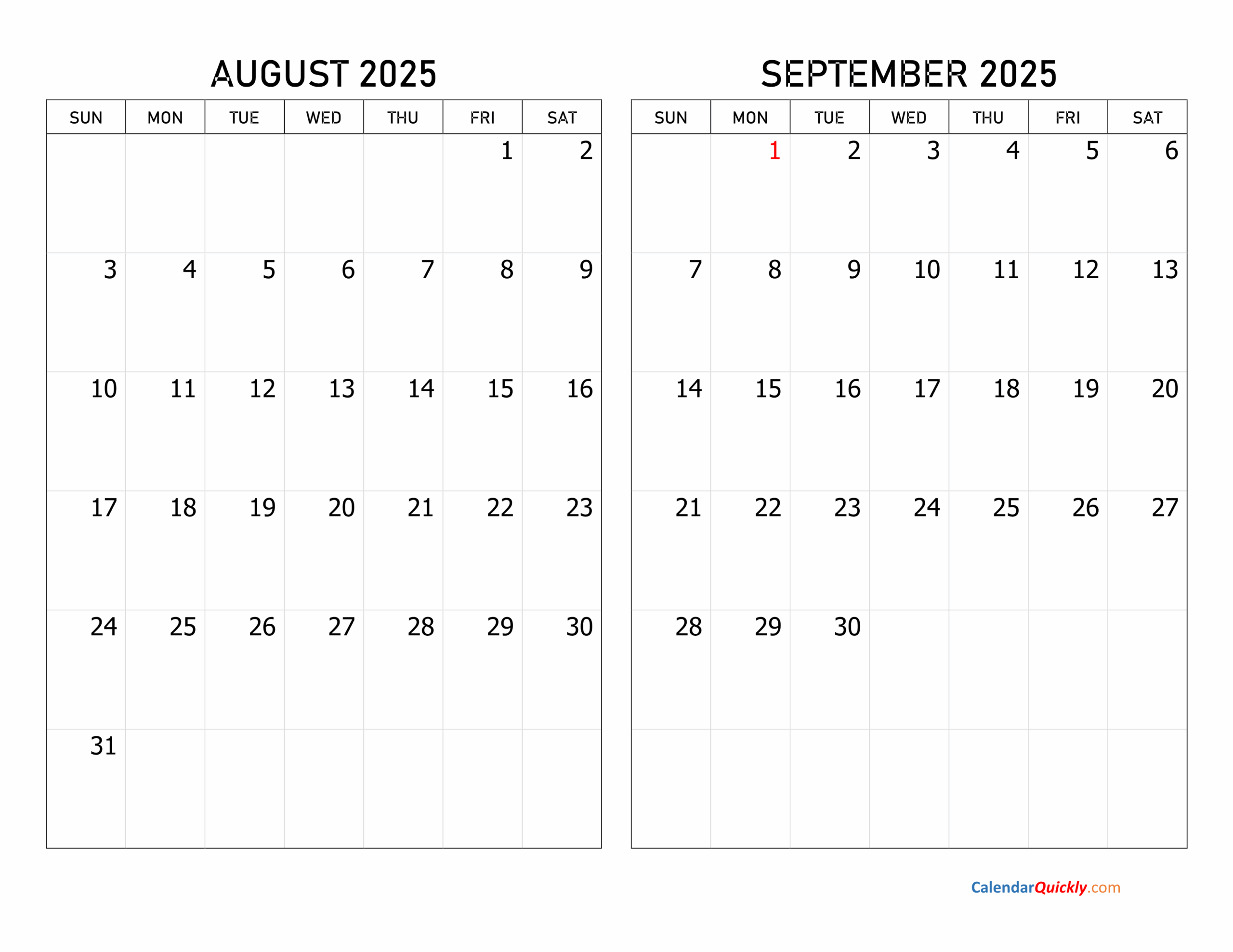 August And September 2025 Calendar Calendar Quickly