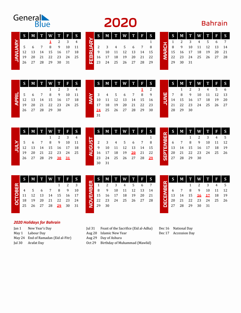 Bahrain 2020 Yearly Calendar Downloadable