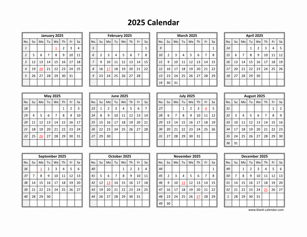 2025 Calendar In One Page