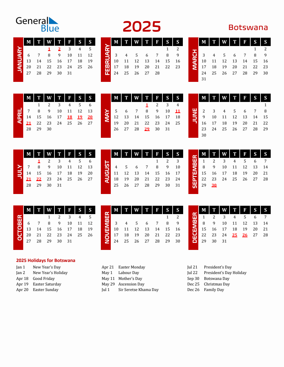 2025 Calendar With Holidays Botswana