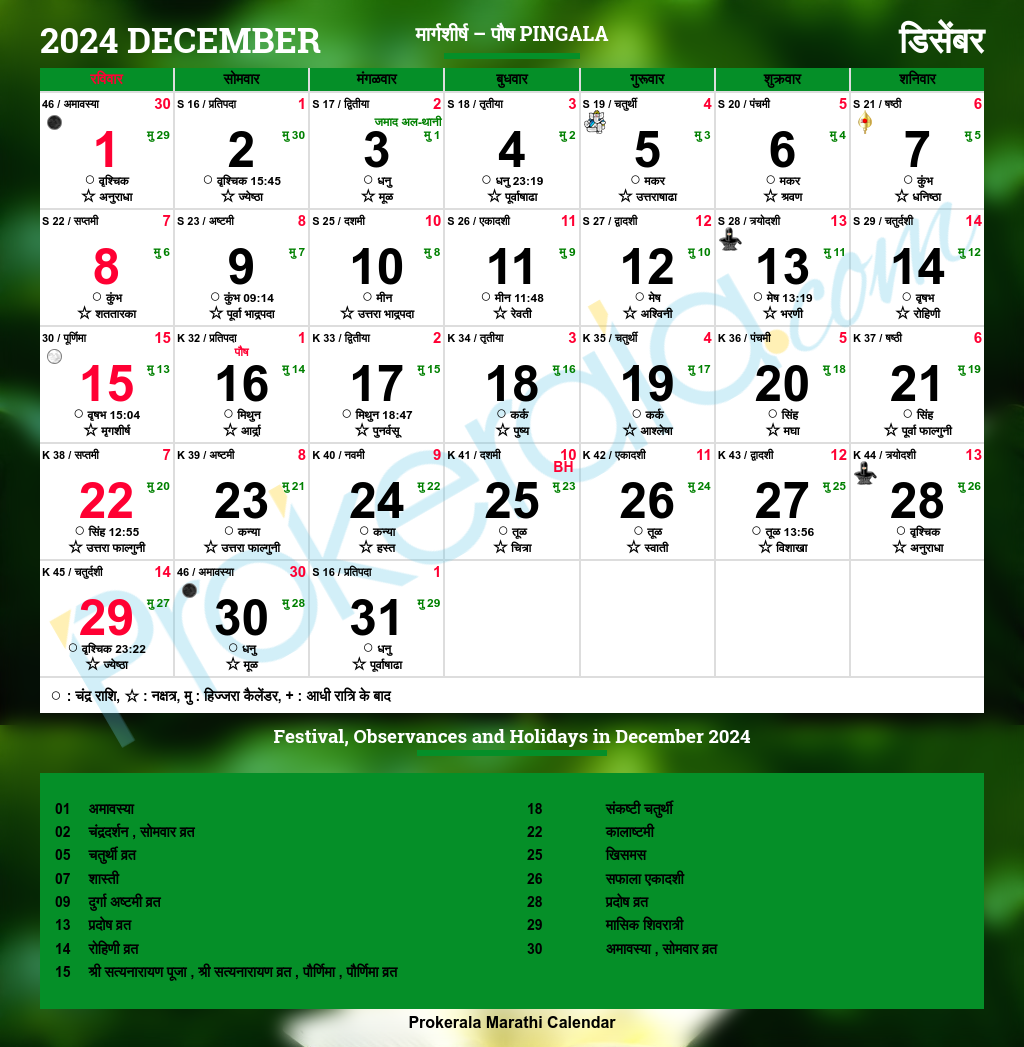 Calendar 2025 December Marathi Maya Skye