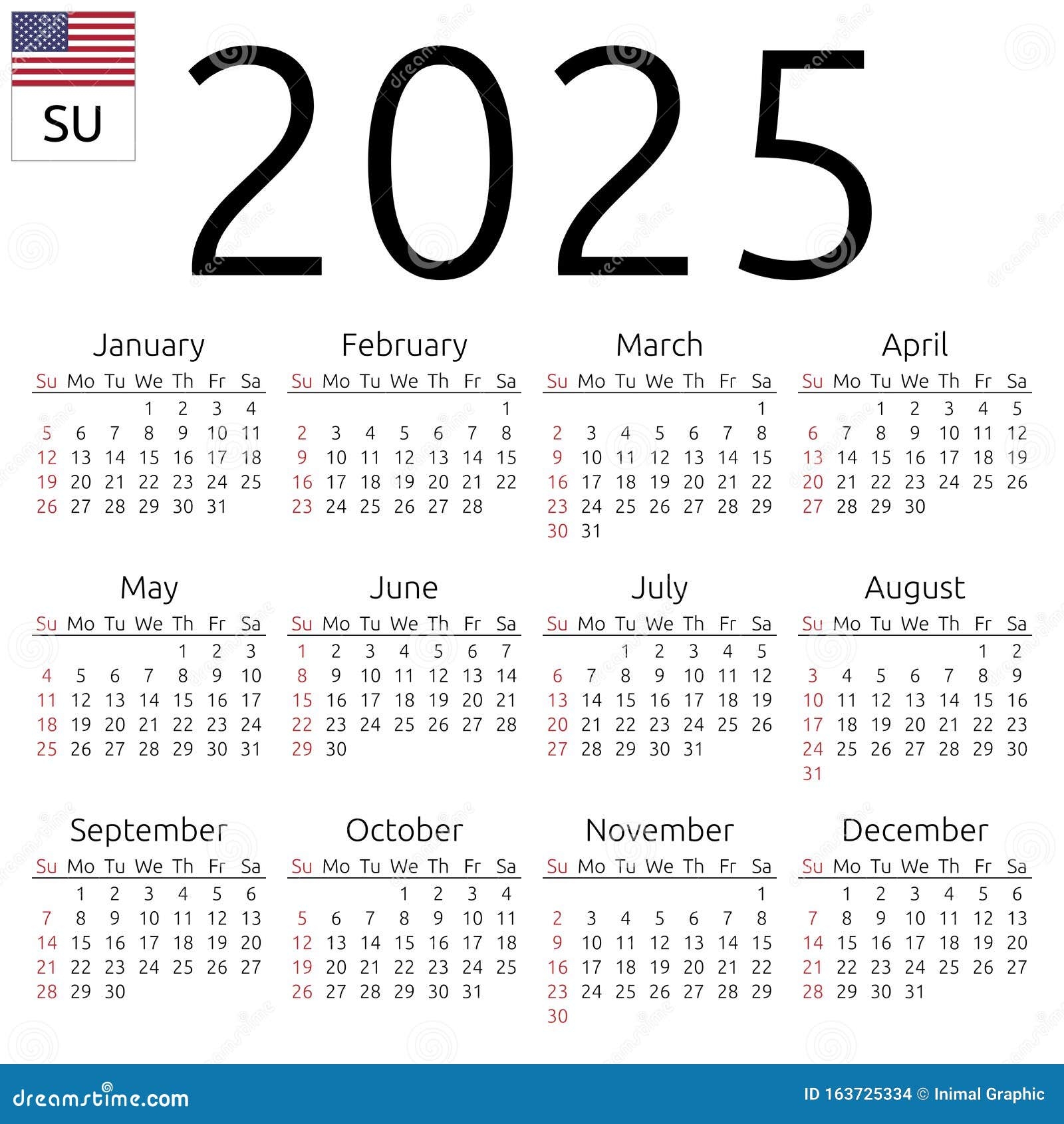 Calendar 2025 English Sunday Stock Vector Illustration Of Clean 