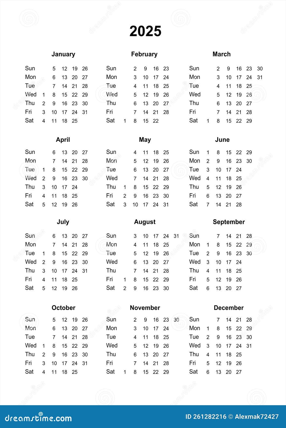 Calendar 2025 Printable Calendar For 2025 Sunday Start Stock 