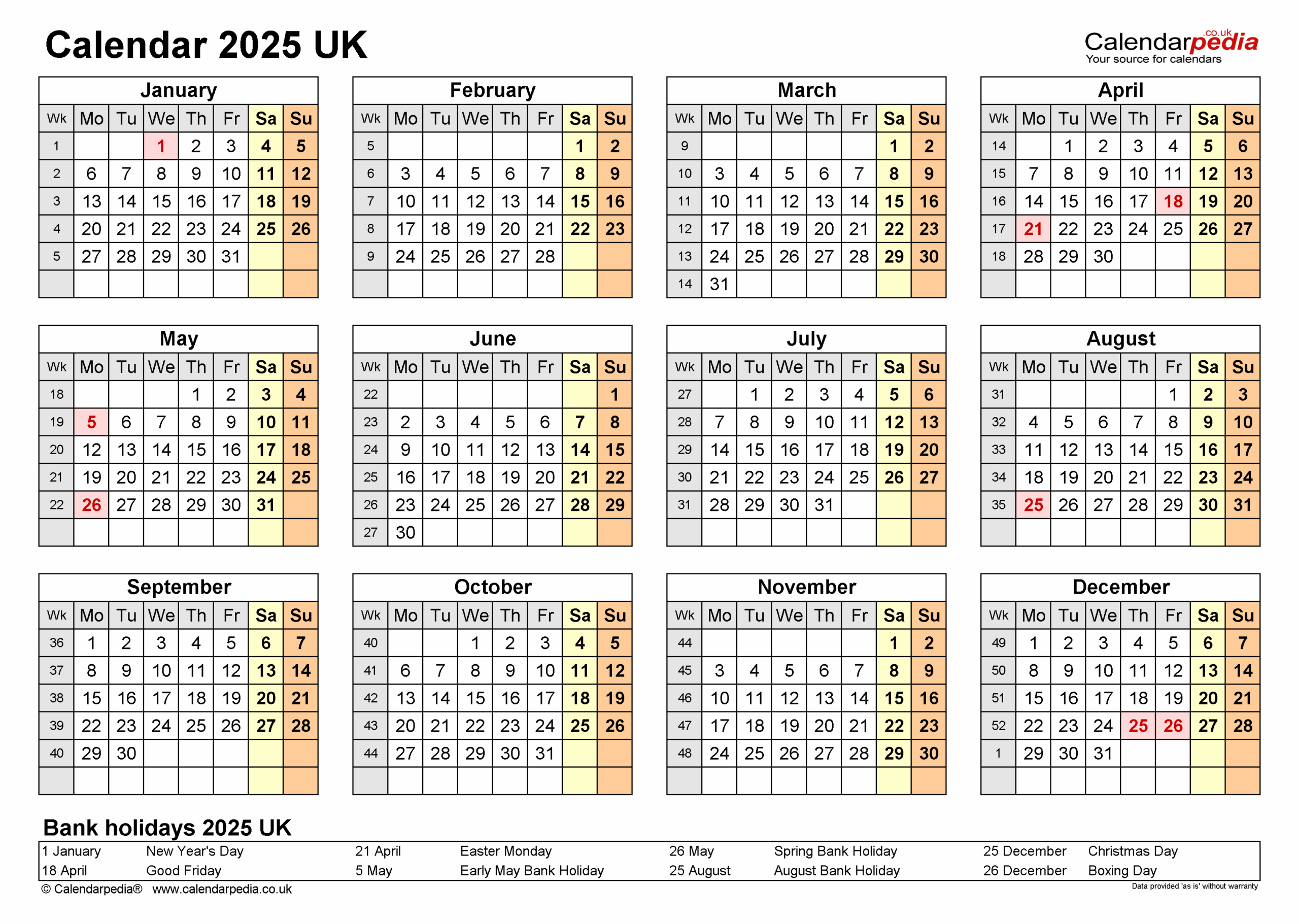 2025 Excel Calendar With Holidays Uk
