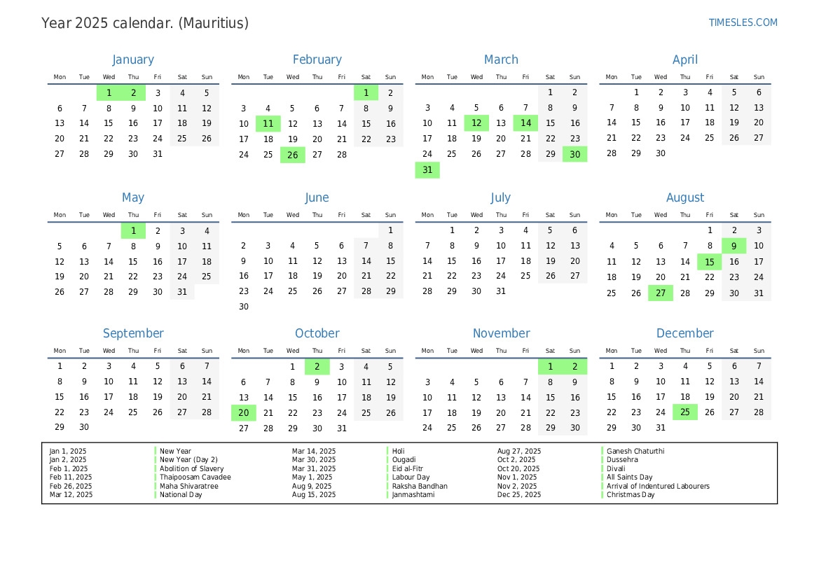 Calendar For 2025 With Holidays In Mauritius Print And Download Calendar