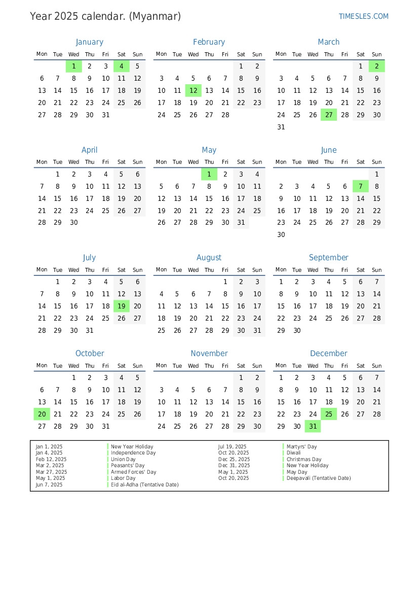 2025 Calendar With Holidays Myanmar