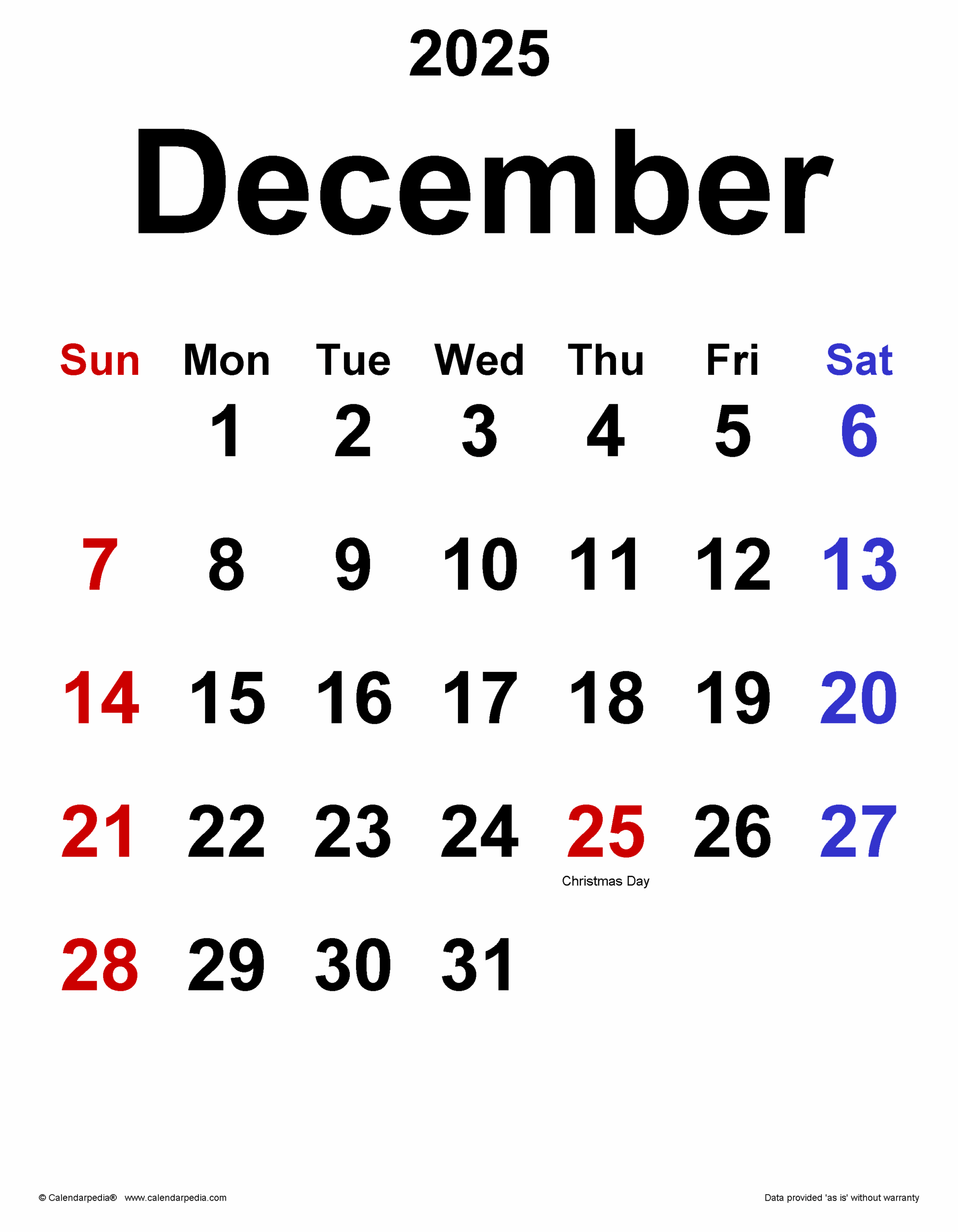 December 2025 Calendar Holiday