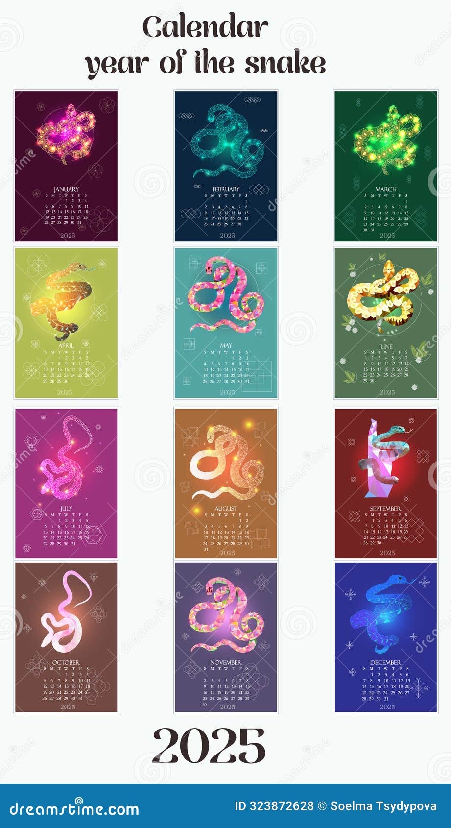 Calendar For The Year 2025 Of The Snake Set Of All Months Beginning On 